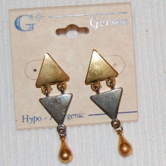 Gerson Hypo Allergenic Gold /Silver Tone Triangle Post Earrings 2' Long - Picture 1 of 6